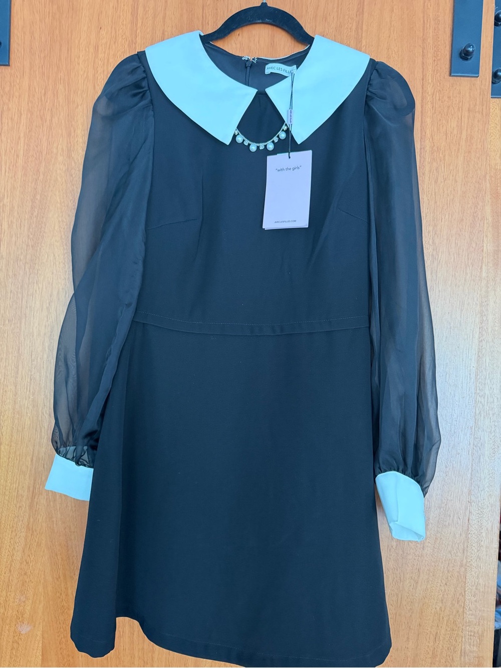 Avec Les Filles Black Mini Dress with White Contrast Collar and Sleeves - Picture 2 of 6